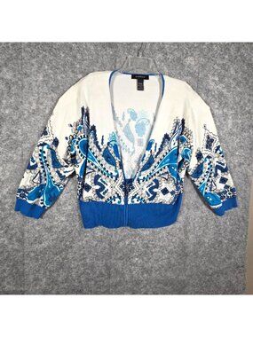 Ashley Stewart Women’s Zip Front Cardigan Sweater Blue White Print 22/24
